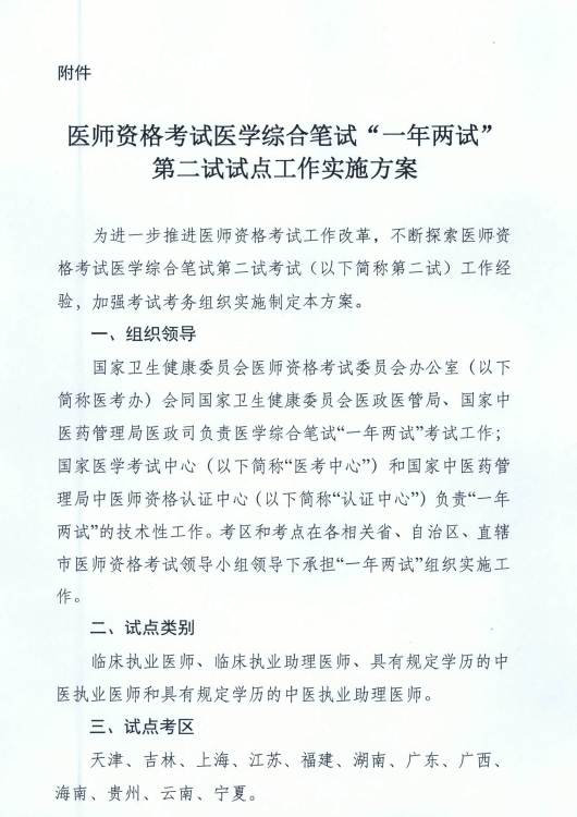 國家衛(wèi)健委關(guān)于在天津等12個考區(qū)開展“一年兩試”試點工作的通知！