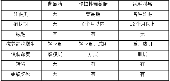 絨癌、侵蝕性葡萄胎、葡萄胎的鑒別