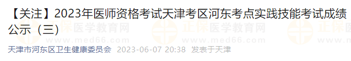 【關注】2023年醫(yī)師資格考試天津考區(qū)河東考點實踐技能考試成績公示（三）